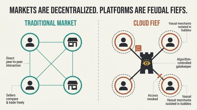 A split-panel comparison showing a decentralized market with interconnected participants next to a cloud fief where a central algorithm isolates and taxes users.
