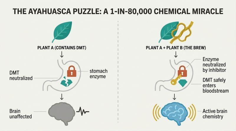Split-panel diagram showing how stomach enzymes destroy swallowed DMT alone, whereas adding an inhibitor plant blocks the enzyme, allowing DMT to reach the brain.