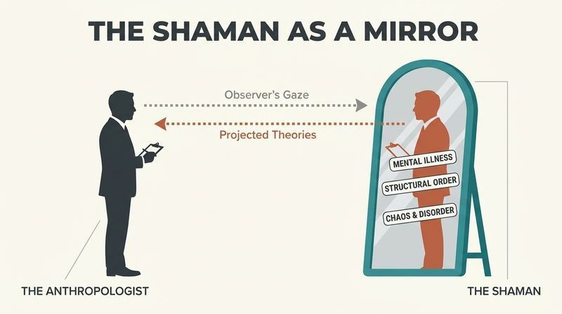 A diagram showing an anthropologist looking at a mirror labeled "Shaman" but only seeing their own reflection covered in changing academic theories.