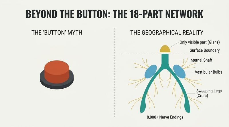 A split-panel diagram contrasting the simplistic "button" myth on the left with a stylized, detailed anatomical wishbone network on the right showing the larger internal structure.