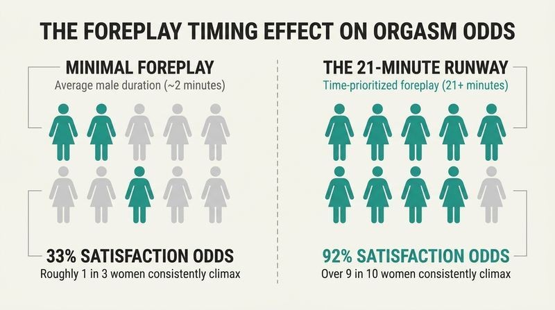 Split-panel diagram comparing the satisfaction rate of women with minimal foreplay versus twenty-one plus minutes of foreplay.