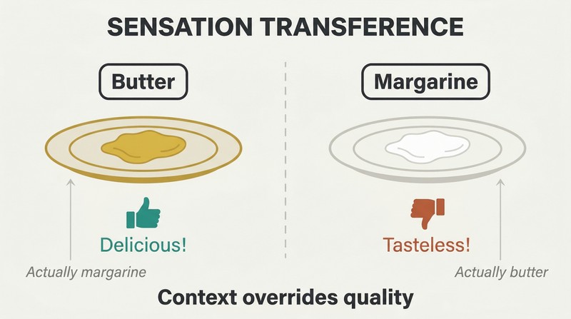 Split panel comparing two dishes — yellow margarine labeled butter is praised while white butter labeled margarine is rejected, revealing that context overrides quality.