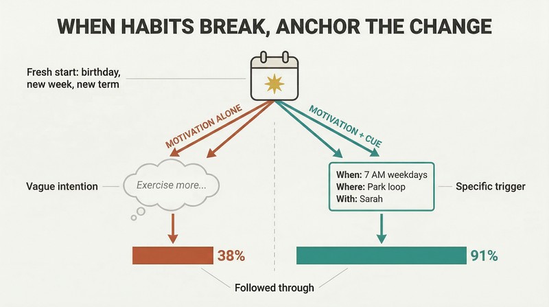 Fork diagram showing a fresh-start moment splitting into two paths where motivation alone yields 38% action but motivation paired with a specific cue yields 91%.