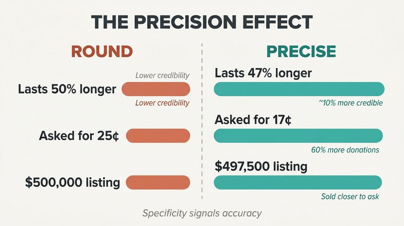 Split panel comparing round numbers against precise numbers, with credibility bars showing precise figures rated significantly more believable.