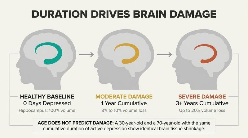 Progression diagram showing three brain profiles where the hippocampus shrinks progressively from 100% down to 80% as the cumulative duration of depression increases, illustrating that duration, not age, drives physical brain damage.