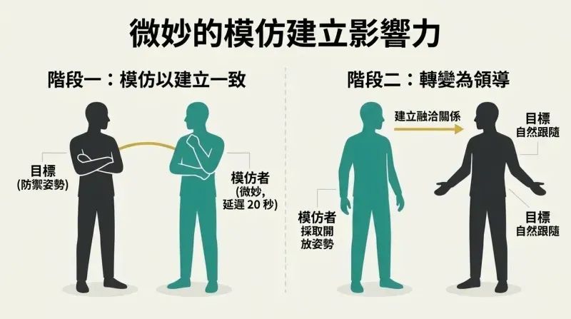 Two-panel diagram illustrating the subtle mirror-to-lead technique, showing how delayed posture-matching builds rapport and allows you to lead the target into an open stance.