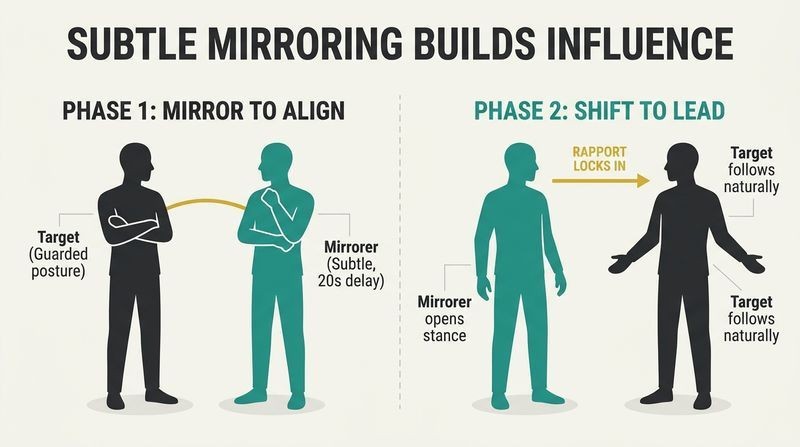 Two-panel diagram illustrating the subtle mirror-to-lead technique, showing how delayed posture-matching builds rapport and allows you to lead the target into an open stance.
