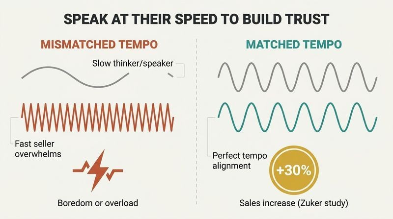 Split panel diagram comparing mismatched speaking speeds, which cause friction, to matched speaking speeds, which result in a 30% sales jump.