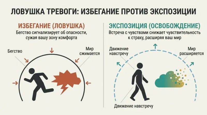 Split panel diagram contrasting how running from fear shrinks your world while moving toward it dissolves the threat and expands your space.