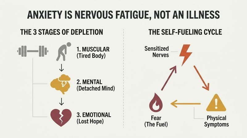 Split diagram showing the three stages of physical-to-emotional fatigue on the left, and the self-reinforcing nerve-fear loop on the right.