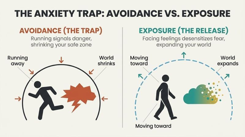 Split panel diagram contrasting how running from fear shrinks your world while moving toward it dissolves the threat and expands your space.