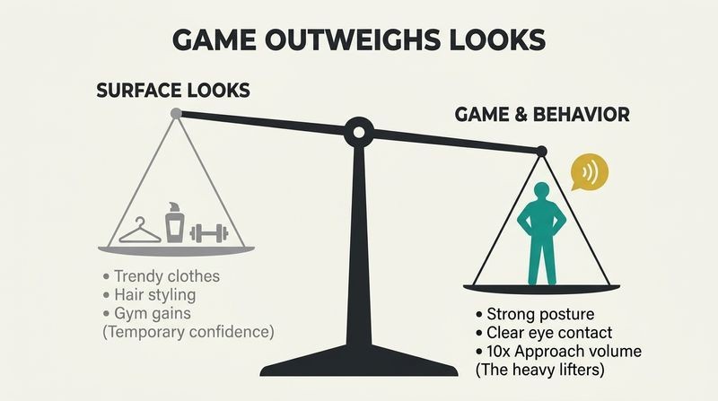 A minimalist balance scale diagram showing how a man's game and behavior heavily outweigh his surface looks in building attraction.