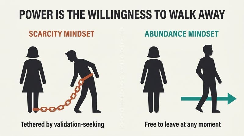 Split panel vector diagram comparing the trapped, tethered dynamic of a scarcity mindset against the free, untethered power of an abundance mindset.