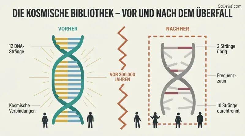 Split panel showing a radiant twelve-strand DNA helix on the left reduced to a dim two-strand helix on the right, divided by a jagged barrier representing the 300,000-year-old seizure of Earth.