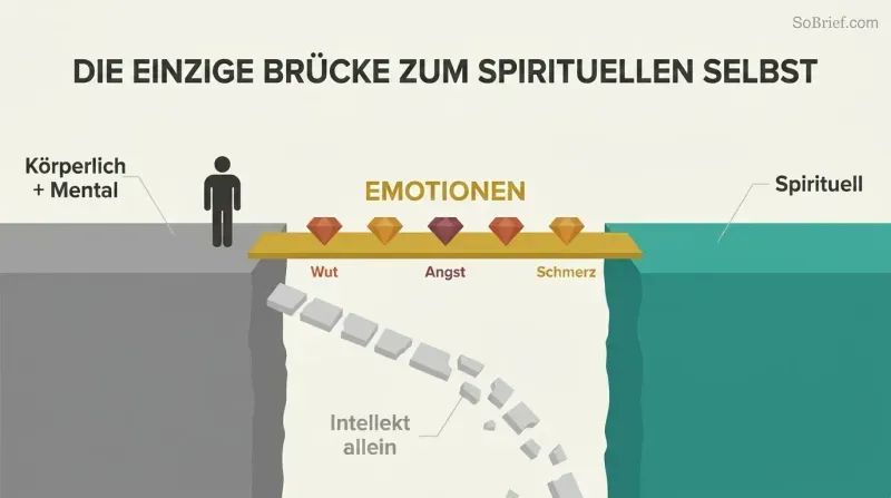Two platforms separated by a gap, connected by a solid bridge labeled emotions with gemstone shapes, while a broken path labeled intellect alone crumbles into the void below.