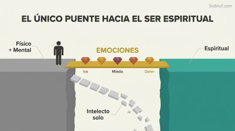 Two platforms separated by a gap, connected by a solid bridge labeled emotions with gemstone shapes, while a broken path labeled intellect alone crumbles into the void below.