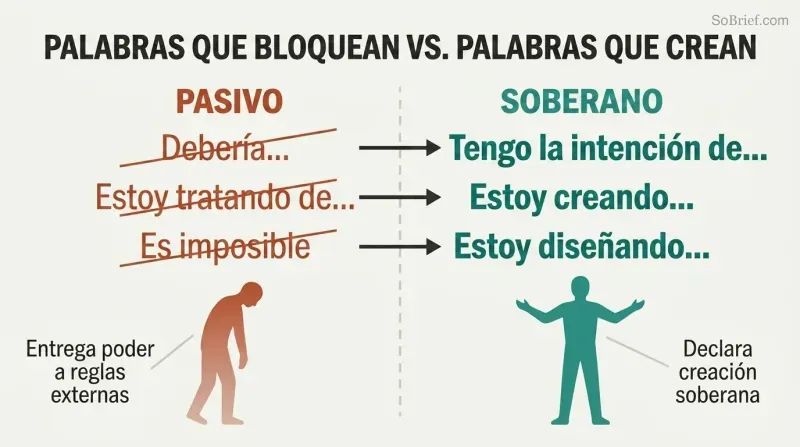 Split panel contrasting disempowering words like "should" and "trying" on the left with empowering declarations like "I am creating" and "I intend" on the right.