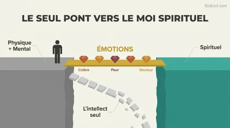 Two platforms separated by a gap, connected by a solid bridge labeled emotions with gemstone shapes, while a broken path labeled intellect alone crumbles into the void below.