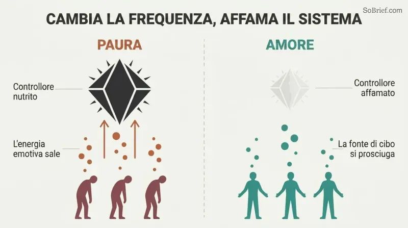 Split panel comparing fear flowing upward to feed a large controller figure versus love frequency causing the controller to shrink and fade.