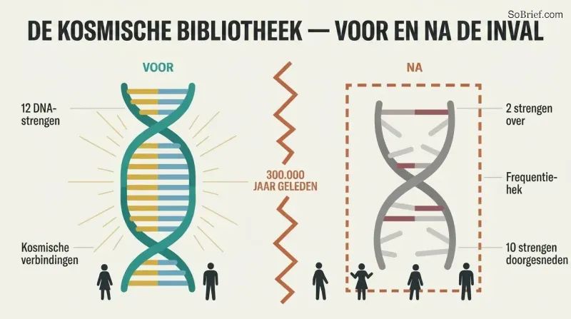 Split panel showing a radiant twelve-strand DNA helix on the left reduced to a dim two-strand helix on the right, divided by a jagged barrier representing the 300,000-year-old seizure of Earth.