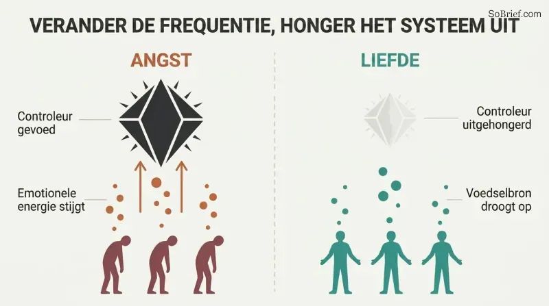 Split panel comparing fear flowing upward to feed a large controller figure versus love frequency causing the controller to shrink and fade.