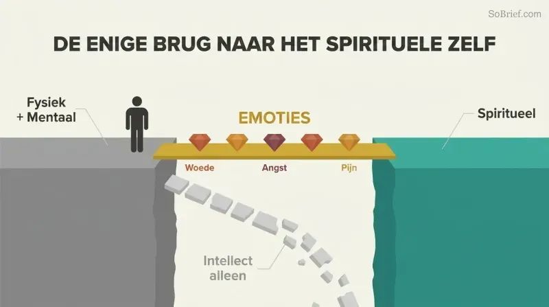 Two platforms separated by a gap, connected by a solid bridge labeled emotions with gemstone shapes, while a broken path labeled intellect alone crumbles into the void below.