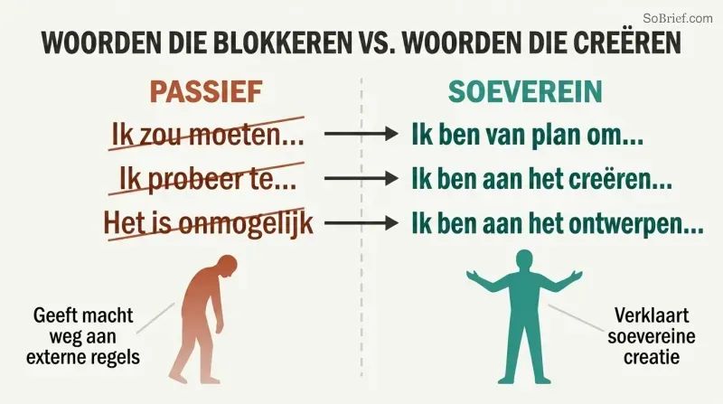 Split panel contrasting disempowering words like "should" and "trying" on the left with empowering declarations like "I am creating" and "I intend" on the right.