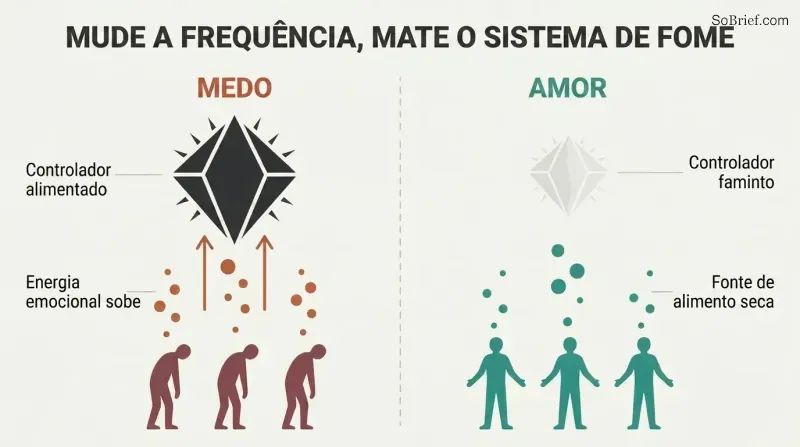 Split panel comparing fear flowing upward to feed a large controller figure versus love frequency causing the controller to shrink and fade.