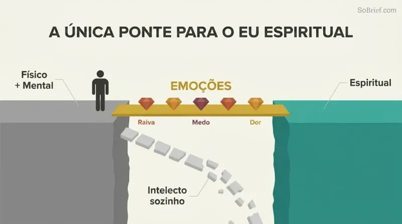 Two platforms separated by a gap, connected by a solid bridge labeled emotions with gemstone shapes, while a broken path labeled intellect alone crumbles into the void below.