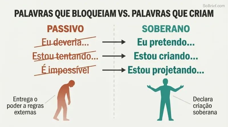 Split panel contrasting disempowering words like "should" and "trying" on the left with empowering declarations like "I am creating" and "I intend" on the right.