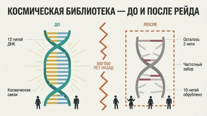 Split panel showing a radiant twelve-strand DNA helix on the left reduced to a dim two-strand helix on the right, divided by a jagged barrier representing the 300,000-year-old seizure of Earth.