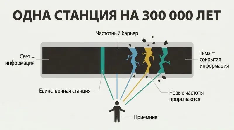 Wide frequency spectrum mostly blocked by a dark barrier with one narrow open sliver, now cracking open to reveal additional bands of light reaching a human figure below.