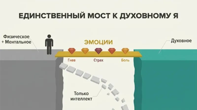 Two platforms separated by a gap, connected by a solid bridge labeled emotions with gemstone shapes, while a broken path labeled intellect alone crumbles into the void below.