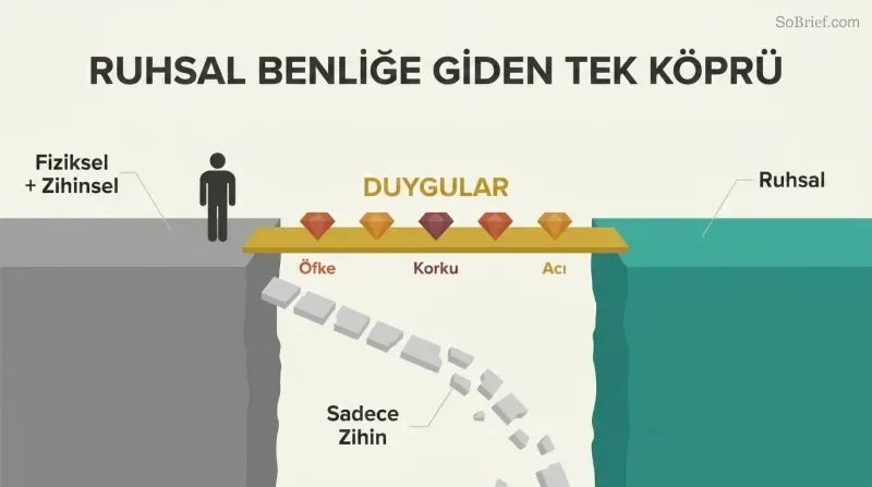 Two platforms separated by a gap, connected by a solid bridge labeled emotions with gemstone shapes, while a broken path labeled intellect alone crumbles into the void below.