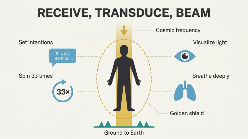 Human silhouette centered within a vertical pillar of light flowing from above to earth below, flanked by four practice icons showing the daily energy activation routine.