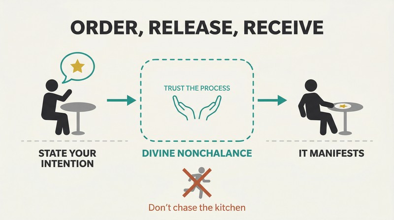 Three-stage horizontal flow showing a figure ordering at left, a peaceful trust zone in the center, and a delivered result at right, with a crossed-out micromanaging icon below.