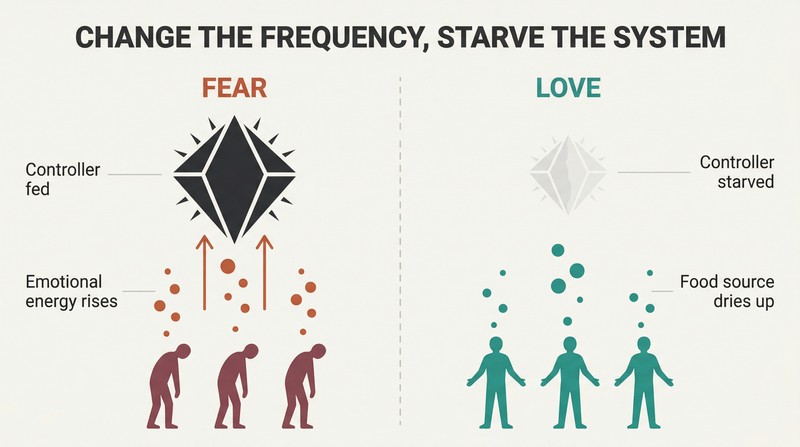 Split panel comparing fear flowing upward to feed a large controller figure versus love frequency causing the controller to shrink and fade.
