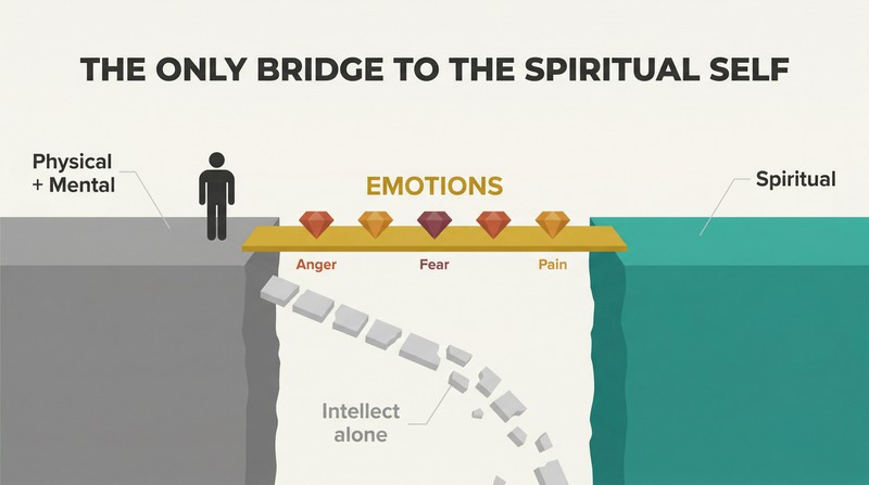 Two platforms separated by a gap, connected by a solid bridge labeled emotions with gemstone shapes, while a broken path labeled intellect alone crumbles into the void below.