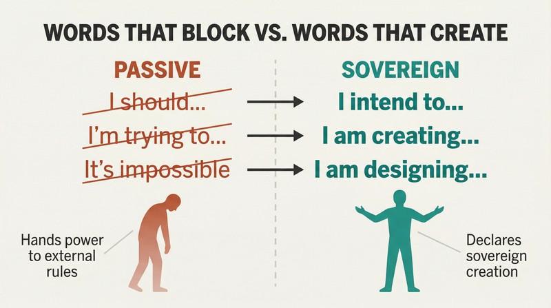 Split panel contrasting disempowering words like "should" and "trying" on the left with empowering declarations like "I am creating" and "I intend" on the right.