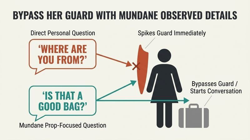 Diagram showing how direct personal questions spike a woman's guard, while mundane comments about environmental props cleanly bypass defenses.