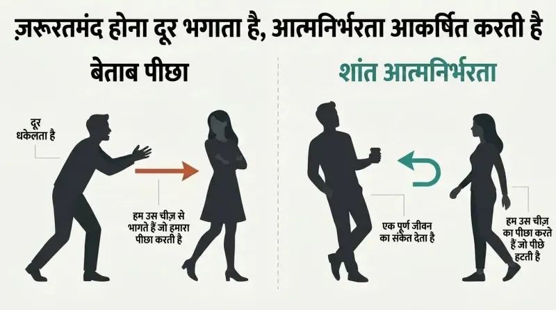 A split-panel infographic comparing how desperate pursuit repels attraction while calm, self-sufficient retreat naturally pulls people closer.