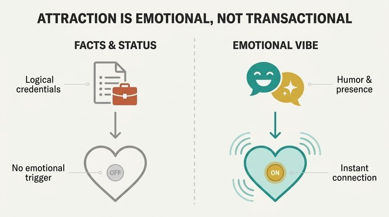A split-panel diagram comparing the ineffective logical resume approach with the highly effective emotional vibe approach to attraction.