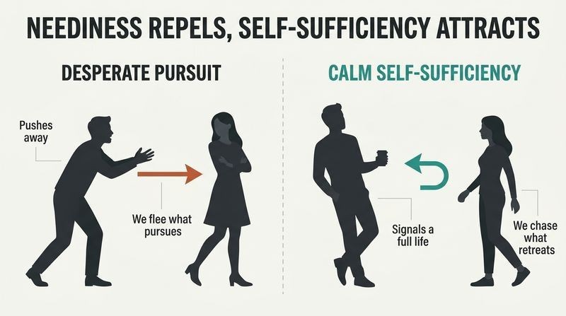 A split-panel infographic comparing how desperate pursuit repels attraction while calm, self-sufficient retreat naturally pulls people closer.