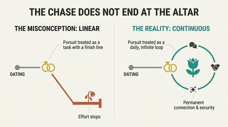 A comparative split-panel diagram showing a dead-end linear path where pursuit stops after marriage versus a continuous loop where pursuit is a daily ritual that fosters lasting security.