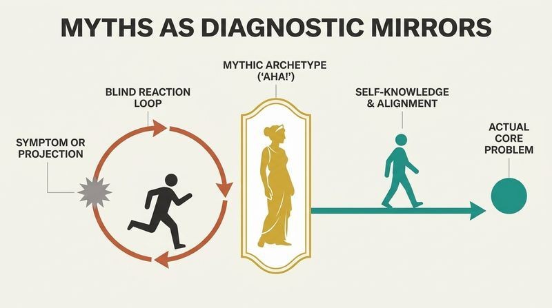 Split diagram showing a chaotic, circular behavior loop on the left reflecting through an archetypal mythic mirror in the center, transforming into a straight, aligned path of direct action on the right.