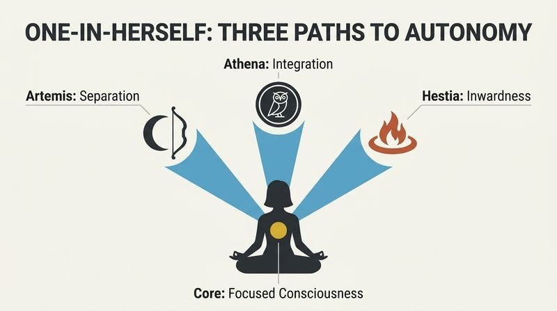 Fan diagram showing a central female figure representing inner conviction, radiating three distinct paths to autonomy: Artemis (wilderness), Athena (intellect), and Hestia (solitude).