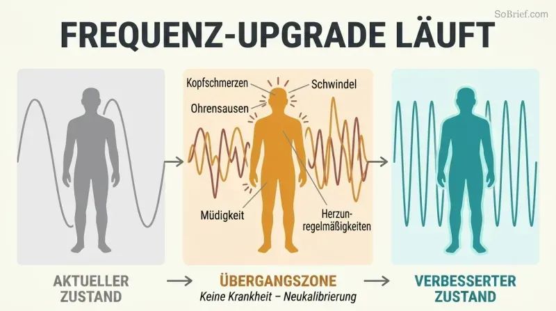 Three-phase transformation showing a human silhouette progressing from low-frequency waves through a symptom transition zone to a high-frequency upgraded state.