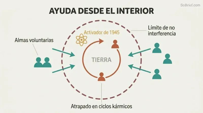Nested boundary diagram showing trapped souls cycling inside a circle while volunteer souls from outside cross the boundary inward to help from within.
