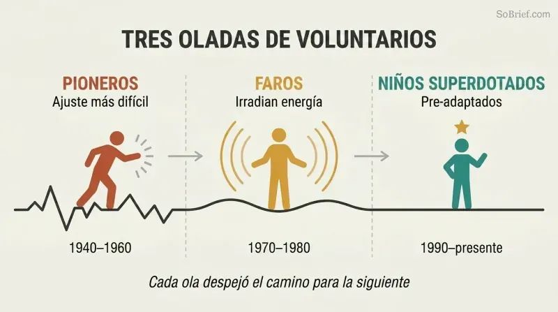 Timeline showing three generational waves of volunteers traversing a path that progresses from rough terrain on the left to smooth ground on the right, each wave clearing the way for the next.