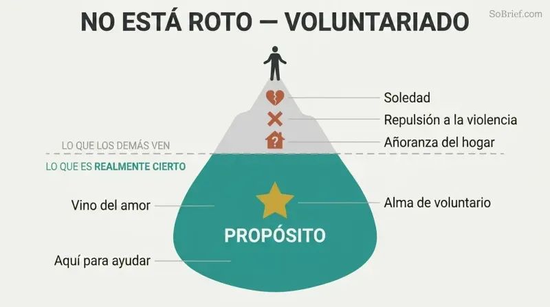 Iceberg diagram showing alienation symptoms visible above a waterline while volunteer soul identity and cosmic purpose are revealed in the larger portion below.